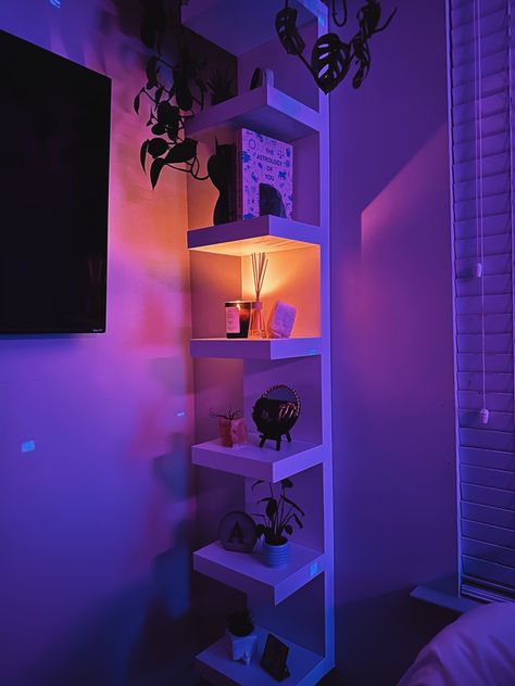 Bedroom Ikea Shelf, Ikea Perfume Shelf, Ikea Shelves Aesthetic, Lack Wall Shelf Decor Ideas, Lack Shelf Decor Bedroom, Baddie Rooms Ideas, Ikea Lack Shelf Decor, Lack Ikea Shelf, Lack Wall Shelf Ideas