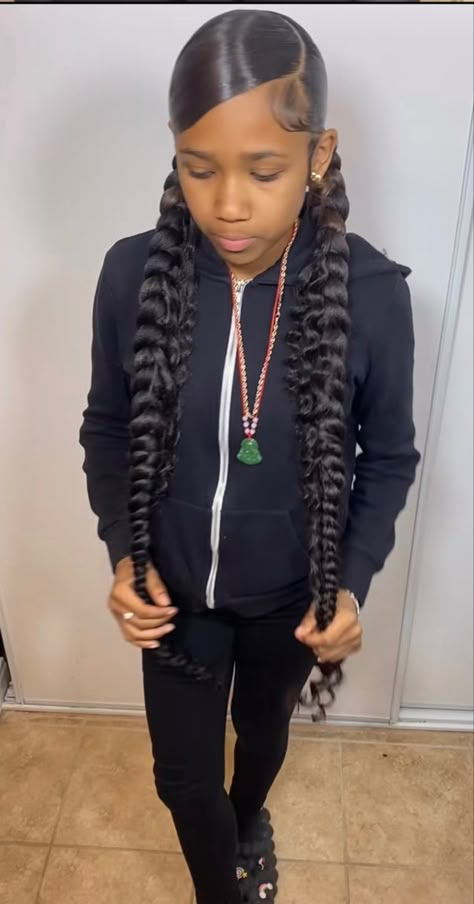 Swoop With Two Ponytails Braids, Birthday Hairstyles For 12 Year, Braided Two Ponytails, 1 Braid Hairstyles, Hairstyles On Braids, Ponytail Hairstyles With Braids, Sleek Braided Ponytail, Hairstyles With Braids, Black Kids Braids Hairstyles