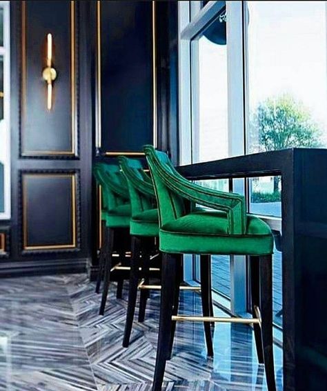 Green Bar Stools, Art Deco Interior Design, Marble Flooring, Carbon Monoxide, W Hotel, Art Deco Home, Gray Interior, Green Interiors, Decoration Inspiration