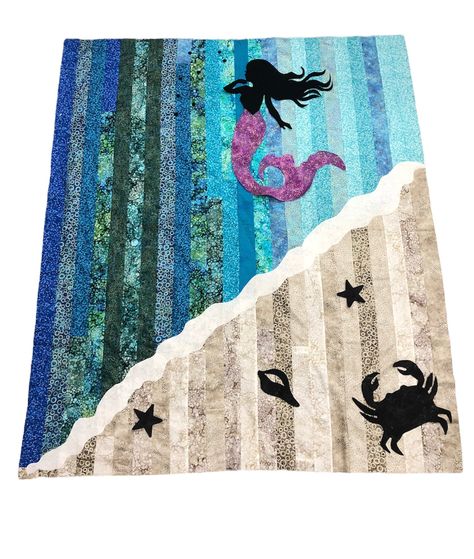 Mermaid sand and sea quilt kit Mermaid Quilt Pattern Free, Mermaid Quilt Pattern, Beach Themed Quilts, Seascape Quilts, Landscape Quilting, Mermaid Quilt, Ocean Quilt, Journal Techniques, Beach Quilt