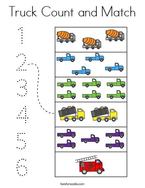 Truck Count and Match Coloring Page - Twisty Noodle Preschool Truck Activities, Truck Activities For Preschool, Transportation Activities For Preschool, Construction Theme Classroom, Color Worksheets For Preschool, Kids Handwriting Practice, Transportation For Kids, Transportation Activities, Community Helpers Theme