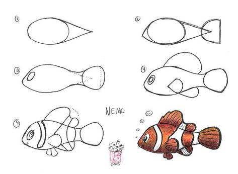 How To Draw Nemo, Drawn Fish, Fish Drawings, Homeschool Art, Art Drawings For Kids, Drawing Lessons, Fish Art, Step By Step Drawing, Disney Drawings