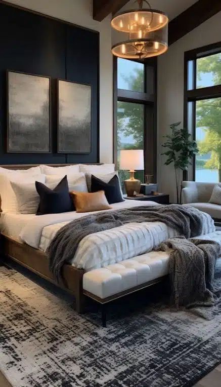 Master bedroom with bed with layered fabrics throw pillows bedding Bold Bedroom, Christmas Homescreen, Christmas Homemade, Design Room, Room Decorations, Bedroom Designs, Master Bedrooms Decor, Remodel Bedroom, Home Interiors