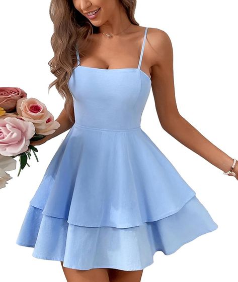 Grade 8 Grad Dresses Short, 6th Grade Dance Dresses, Light Blue Dress Short, 8th Grade Graduation Dresses, Grade 8 Grad Dresses, Skater Dress Outfit, Short Flare Dress, Blue Flowy Dress, Grad Dresses Short