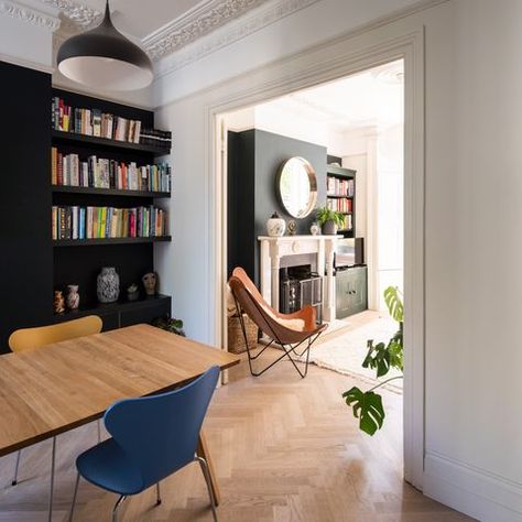 Victorian townhouse renovation in Stoke Newington, London Dining Room Townhouse Interior Design, Victorian Knock Through Lounge, London Victorian Terrace Living Room, Victorian Living Room Knock Through, Victorian Terrace Dining Room Ideas, Victorian Lounge Diner, Knock Through Lounge Diner Victorian Terrace, Victorian Row House Interior, Victorian Living Dining Room Open Plan