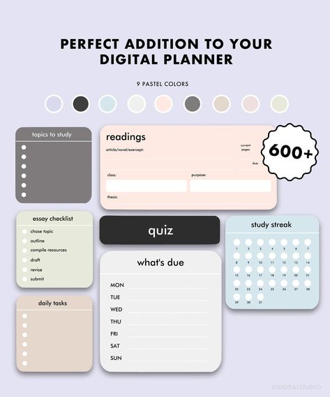 Pastel Student Widgets erincondrenlifeplanner #freehomeschoolplanner #stylishplanner #plannertips🥐 College Digital Planner, Digital Planner Widgets, Digital Planning Ideas, Digital Journal Design, Goodnotes Template Free Stickers, Digital Planner Inspiration, Digital Notes Ideas, Good Notes Aesthetic, Good Notes Stickers Free