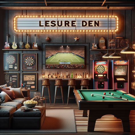 This image features a cozy man cave with a pool table, bar area, retro neon signs, and a large TV with gaming console. The room is tastefully decorated with vintage sports memorabilia and guitars. Fun extras like a popcorn machine, pinball machine, and dartboard make it a perfect relaxation spot. #ManCave #GameRoom #HomeBar #RetroDecor #VintageDecor #HomeDesign