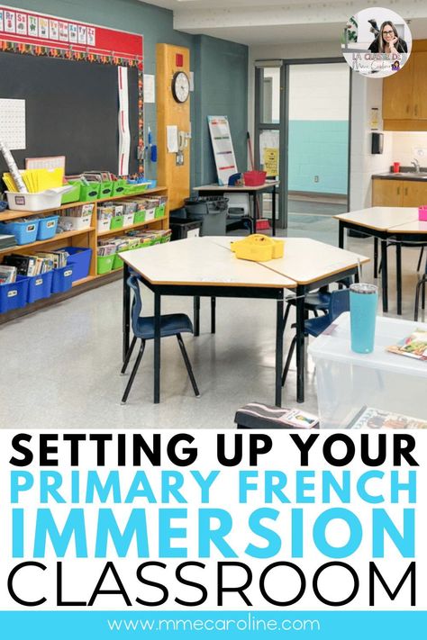 Does setting up your primary French immersion classroom stress you out at the beginning of the school year? Check out this post for 5 simple steps you can use to take some of the stress out of classroom set-up. Classroom Decor Primary, French Classroom Decor, Class Jobs, Class Library, French Classroom, Teaching Supplies, Teacher Toolbox, French Immersion, Student Desks