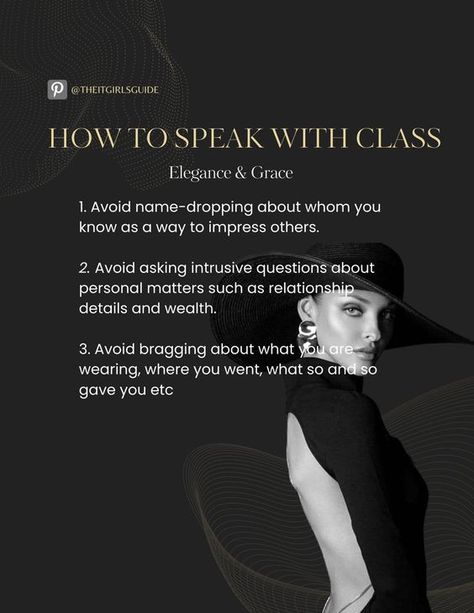 Elegant Lady Checklist, High Lady Aesthetic, Elegant Lady Etiquette, Elegant Lady Quotes, Be Classy Quotes, Female Etiquette, Classy Dark Aesthetic, Elegant Behavior, Elegant Etiquette