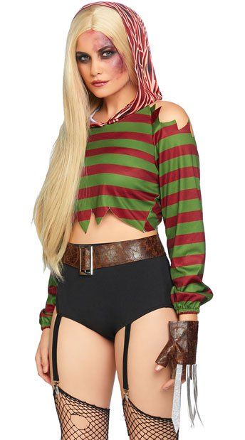 Garter Shorts, Killer Costume, Freddy Krueger Costume, Cold Shoulder Crop Top, Horror Costume, Short Gloves, Scary Costumes, Leg Avenue, Thigh High Stockings