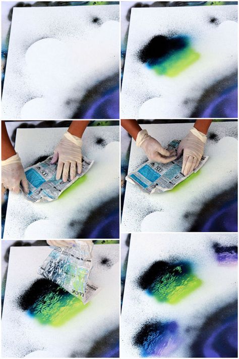 Hometalk | How To Do Spray Paint Galaxy Art Diy Spray Paint Art, Spray Paint Galaxy, Galaxy Spray Paint, Paint Galaxy, Spray Paint Techniques, Spray Paint Wall, Spray Paint Artwork, Art Galaxie, Spray Paint Projects