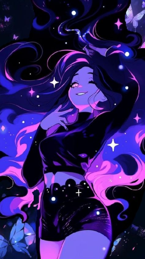 Satyress Art, Mystical Drawing Ideas, Purple Character Art, Galaxy Hair Drawing, Moody Drawings, Galaxy Character Design, Purple Pfp Aesthetic, Purple Profile Picture, Purple Anime Aesthetic