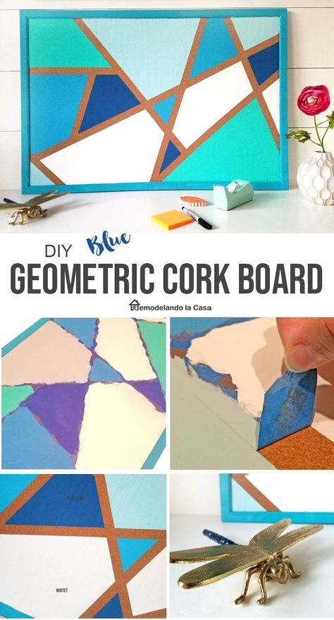 Blue geometric design on cork board Cork Board Painting, Painted Cork Board, Cork Board Ideas For Bedroom, Cork Board Ideas, Room Decor For Teens, Diy Bulletin Board, Diy Cork Board, Blue Board, Diy Room Decor For Teens