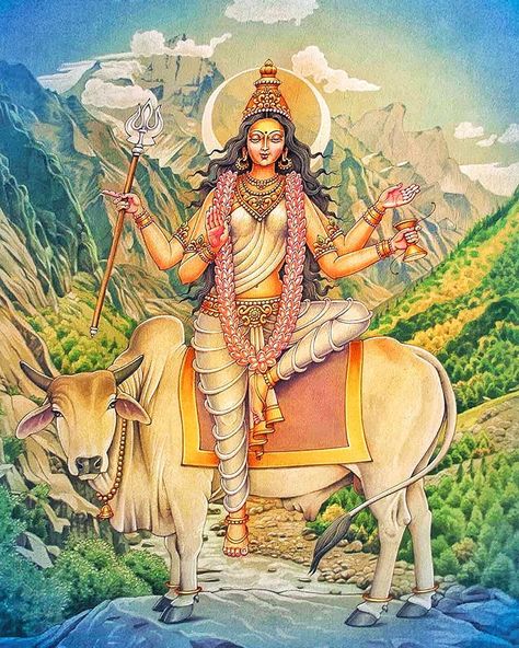 Shailaputri Devi Painting, Shailaputri Devi, Navratri Devi Images, Adi Shakti, Devi Images, Landscape Pencil Drawings, Devi Images Hd, Goddess Kali, Aadi Shakti