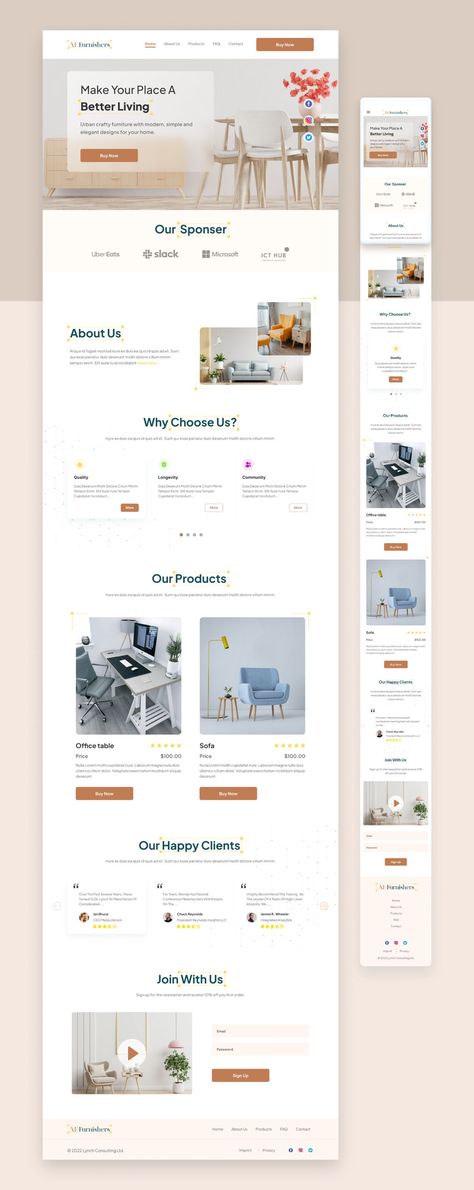 Hello!  
Here is the outcome of our exploration project of an e-commerce-based website landing page and its mobile responsiveness. It is a furniture company named “AE Furnishers”. The concept is kept simple and minimal in style, yet trendy and modern in aesthetics. 

Thank you.

I am available on freelance projects. Let’s create something wonderful together.

Contact: nusratema345@gmail.com

#websitedesign #website #design #webdesign #webapp #Furniture  #landingpage #ui #ux #design #ecommerce Website Design Mobile Web Layout, Best Website Design Layout, Simple Webpage Design, Simple Ecommerce Web Design, Clean Landing Page Design, Minimalist Landing Page Design, Clean Website Design Minimalist, Ecommerce Homepage Design, Minimalist Ecommerce Website Design