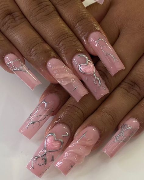 Orchid Acrylic Nails, Pink And Silver Nail Designs, Glam Acrylic Nails, 3d Art Nails, Pink Silver Nails, 3d Gel Nails, Long Acrylic Nail Designs, Drip Nails, Long Square Acrylic Nails