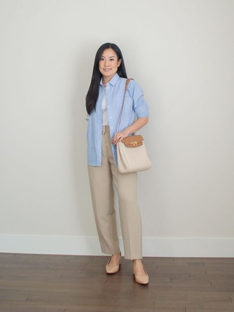 Blue Trousers Outfit Casual, Light Blue Long Sleeve Shirt Outfit, Shirt With Trousers Women, Light Blue And Beige Outfit, Blue Oxford Shirt Outfit Women, Light Blue And Brown Outfit, Beige And Blue Outfit, Light Blue Blouse Outfit, Blue And Beige Outfit