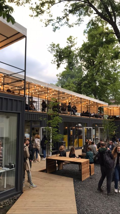 Resto Cafe Design Interiors, Container Food Park, Backyard Concert Aesthetic, Food Truck Park Design Ideas, Container Coffee Shop Ideas, Foodcourt Design Outdoor, Food Park Design Ideas, Outdoor Restaurant Design Ideas, Rooftop Cafe Design