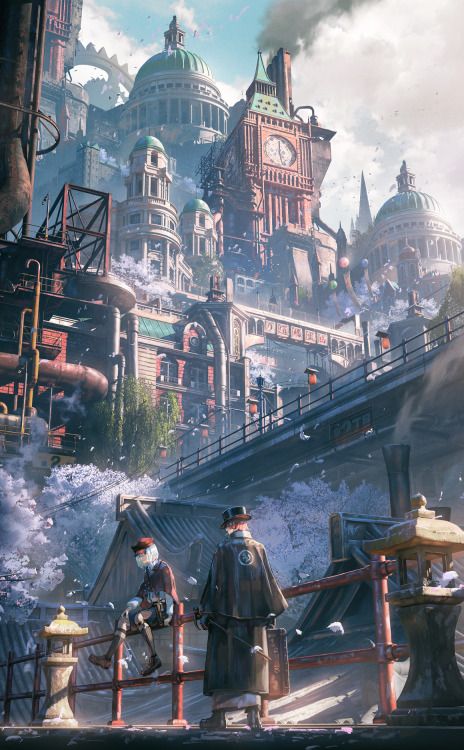 (65) 50Sn on Tumblr Steampunk City, Steampunk Artwork, Steampunk Aesthetic, Fantasy City, Fantasy Places, Steampunk Design, Steampunk Art, Fantasy Art Landscapes, Fantasy Concept Art