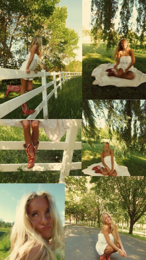 White dress, red boots, field, white fence Field Photoshoot, White Fence, Photos Inspo, Red Boots, Senior Photos, Dress Red, Fence, White Dress, Boots