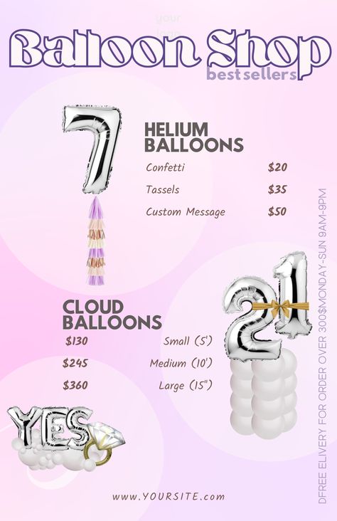 Transform Your Balloon Business with Our Editable Balloon Menu Templates! 🎈 Perfect for Balloon Artists. Bring your balloon decor vision to life and wow your clients with professional pricing and presentation. Download now and elevate your event styling business! #BalloonMenu #BalloonMockup #BalloonDecor #CustomTemplates #EventStylist #PartyPlanning #EditableMenu #CanvaTemplates #EventDesign #BalloonArtist #EventPlanning #WeddingStyling #PartyDecor Balloon Bar, Styling Business, Balloon Business, Balloon Prices, Balloon Shop, Planning Tools, Balloon Decor, Decorations Party, Balloon Design