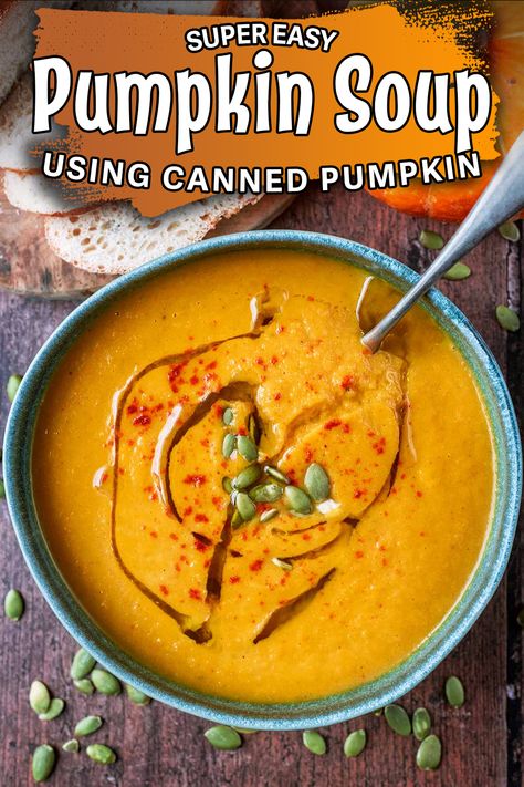 A bowl of pumpkin soup with a text title overlay. Pumpkin Soup Recipe Canned, Pumpkin Soup Recipe Crockpot, Vegan Pumpkin Soup Recipe, Pumpkin Carrot Soup, Roasted Pumpkin Soup Recipe, Pumpkin Soup Recipe Easy, Pumpkin Soup Healthy, Pumpkin Bisque, Spiced Pumpkin Soup