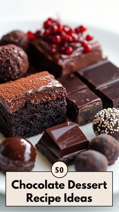 A close-up of a decadent chocolate dessert assortment, including a rich chocolate cake slice, truffles, and brownies, beautifully arranged on a white plate. Chocolate Winter Desserts, Desserts With Chocolate, Decadent Brownies, Chocolate Desserts Fancy, Cottagecore Recipes, Craving Chocolate, Baking Skills, Ladies Tea, Best Chocolate Desserts