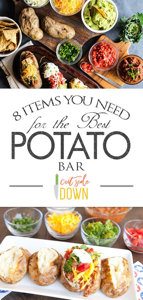 If you are planning a potato bar, you can't forget these tasty potato bar toppings! Potatoes are a cheap meal idea that will leave you feeling full for hours! Mash Potatoes Bar Ideas, Bake Potato Charcuterie Board, Bakes Potato Bar Toppings, Baked Potato Bar Sides Appetizers, Soup And Potato Bar, Baked Potato Bar Dinner, Potato Skins For A Crowd, Holiday Baked Potato Bar, Hot Potato Bar Ideas