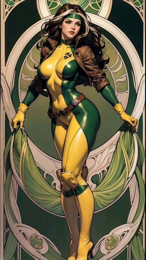 Dc Characters Female, Xmen Rouge, Rouge Xmen Comic, Rogue Xmen Fanart, X Men Rogue, Rogue Xmen 97, Xmen Gambit Art, Magic Superhero Design, X Men Wallpaper