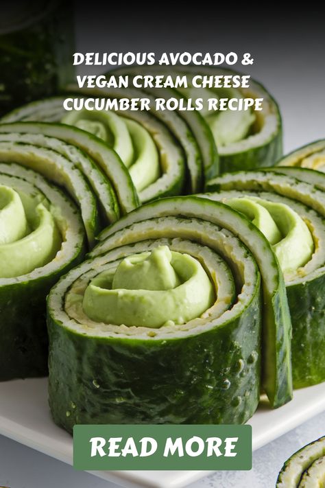 Cucumber rolls with avocado and vegan cream cheese filling on a plate. Healthy Snacks Cucumber, Avocado And Cream Cheese, Keto Cucumber, Cream Cheese Cucumber, Almond Crusted Chicken, Crusted Chicken Tenders, Butter Chicken Curry, Cucumber Rolls, Avocado Soup