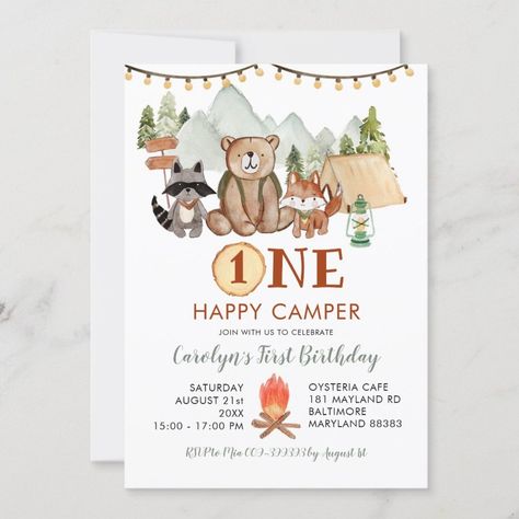 Woodland One Happy Camper First Birthday Invite  Zazzle One Happy Camper Birthday, Happy Camper Birthday Party, Camping Birthday Invitations, Camping Invitations, One Happy Camper, Camping Birthday Party, Free Birthday Card, 1st Birthday Party Invitations, Camping Birthday