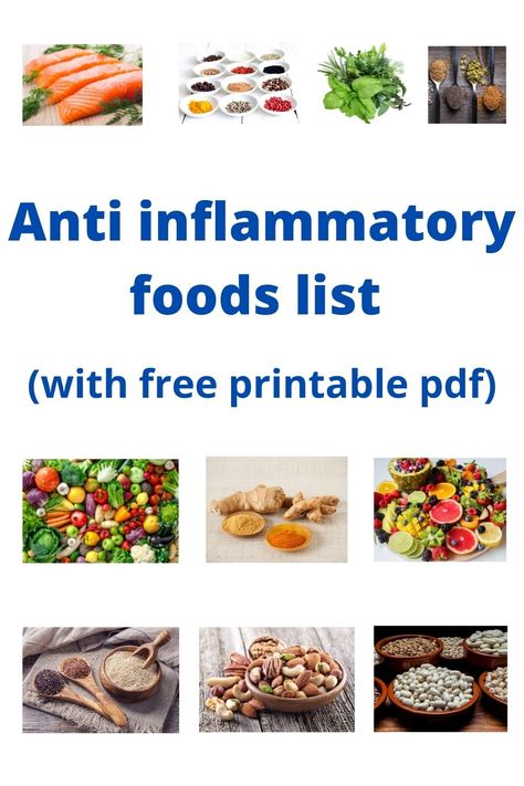 Want to start an anti inflammation diet? Wondering what are anti inflammation foods? So here is an anti inflammation diet food list and for quick reference, I've also included a free printable pdf. Print out this anti inflammatory foods list pdf to easily take it with you to the grocery store to do your shopping. Anti Inflammation Shopping List, Amit Inflammatory Diet, List Of Anti Inflammation Foods, Antiinflammatory Food List Printable, Anti Inflammation Food List Printable, Anti Inflammation Grocery List, Anti Inflamatory Grocery List, Anti Inflammation Food List, Inflammatory Foods List