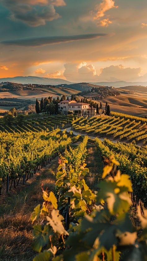 A stunning vineyard landscape at sunset, with rows of grapevines leading to a charming farmhouse, surrounded by rolling hills under a dramatic sky. Burgundy France Vineyards, Aesthetic Vineyard, Horse Riding Photography, Kitchen Frames, French Winery, Vineyard Aesthetic, Vineyard Photography, Innocent Eyes, Jordan Bulls