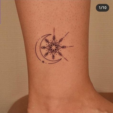 Snowflake And Moon Tattoo, Snowflake Moon Tattoo, Small Winter Tattoo Ideas, Snow And Moon Tattoo, Ornamental Snowflake Tattoo, Sun And Snowflake Tattoo, Winter Solstice Tattoo, Snow Tattoo Ideas, Winter Tattoo Ideas