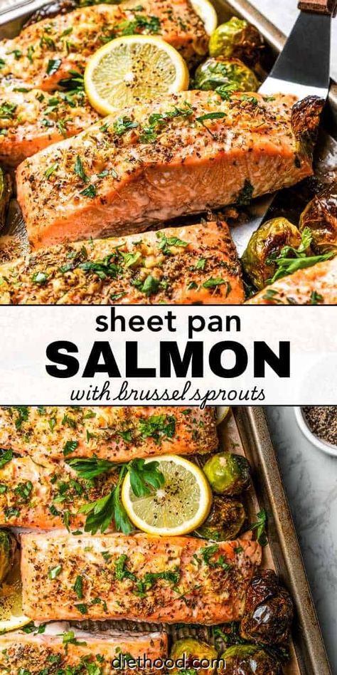 This easy sheet pan salmon dinner has juicy salmon fillets roasted with garlicky Brussels sprouts all in the same pan. Great for weeknights! #sheetpan #dinner #salmonrecipe Sheet Pan Salmon And Veggies, Diethood Recipes, Healthy Salmon Dinner, Salmon And Veggies, Sheet Pan Salmon, Oven Roasted Salmon, Side Dishes For Salmon, Pan Salmon, Salmon Filets