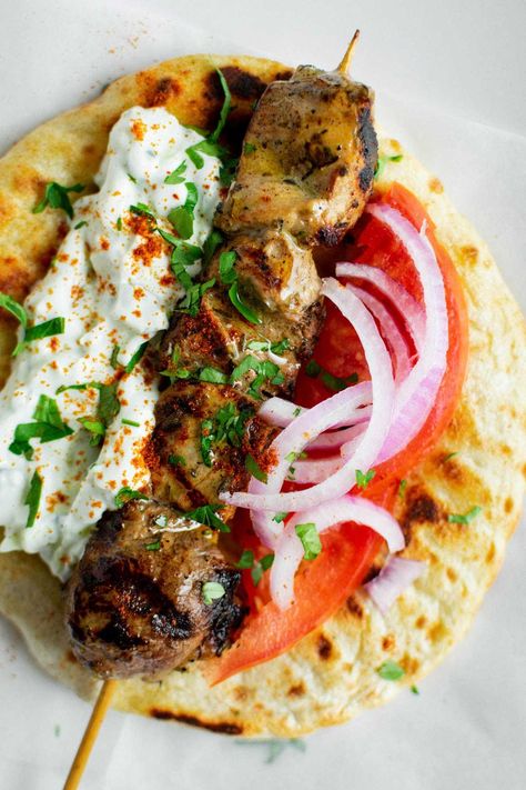 Souvlaki Pita, Pita Wraps, Pork Souvlaki, Pork Gyros, Meat And Veggies, Pita Wrap, Greek Gyros, Greek Dishes, Mediterranean Diet Recipes