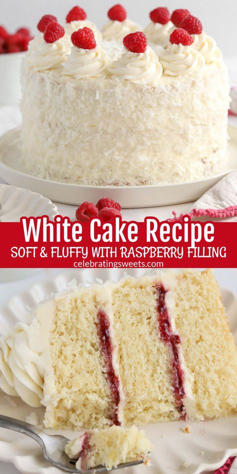 White Cake With Raspberry Filling Easy, White Cake Raspberry Filling Recipe, White Raspberry Cake, White Cake With Fruit Filling, Raspberry Jam Cake Filling, White Cake Raspberry Filling, White Cake Raspberry, White Cake With Fruit, White Cake With Raspberries