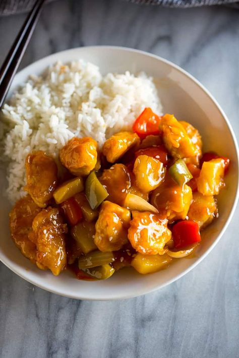 Restaurant style Sweet and Sour Chicken is made with baked chicken, bell peppers, onion, pineapple, and a quick and easy sweet and sour sauce. Tastes Better From Scratch, Sweet And Sour Chicken, Sweet Sour Chicken, Sweet N Sour Chicken, Easy Chinese Recipes, Cooking White Rice, Sweet And Sour Sauce, Sauteed Veggies, Enchilada Recipes