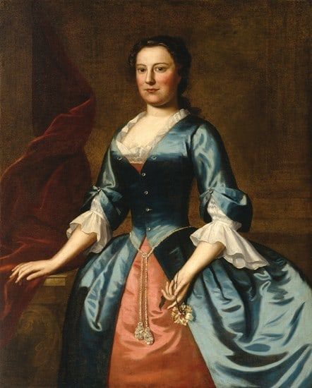 1740s Fashion, 18th Century Portraits, Frederick The Great, Fashion Timeline, Rococo Fashion, Blue Silk Dress, 18th Century Fashion, Woman Standing, Historical Dresses