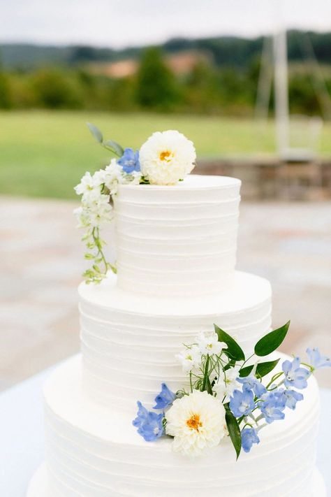 Wedding Cake With Simple Flowers, Blue Wedding Cake Ideas Simple, Simple Wedding Cake Blue Flowers, Two Layer Wedding Cakes With Flowers, Delphinium Wedding Cake, Pale Blue And White Wedding Cake, Wedding Cake On Cart, 2 Tier Wedding Cakes Simple Elegant Blue, Simple Wedding Cake 2 Tier Classy