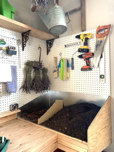 9 Ideas for Organizing an Inviting Indoor Gardener Work Space + A Tour of My Potting Table | The Simply Luxurious Life | To acquire good fortune is to be given an opportunity not to be wasted. My new home is small, as is my garden which is not a standard garden but what I equate to a potager in the sense that the vegetables, fruits and herbs are arranged amongst the landscaping to create an inviting outdoor […] Outdoor Potting Table Ideas, Garden Table Diy Potting Benches Work Stations, Potting Area Ideas Spaces, Garden Pot Storage Ideas, Small Potting Shed Interior Ideas, Indoor Potting Station, Potting Soil Storage Ideas, Planting Station Potting Tables, Potting Soil Storage