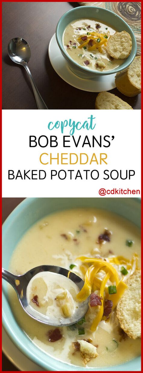 Copycat Bob Evans Cheddar Baked Potato Soup - Make this favorite cheesy potato soup from Bob Evans at home!. Made with cheddar cheese soup, chicken broth, 2% milk, Cheddar cheese, whole milk, butter, cornstarch, salt, black pepper, onion powder, garlic salt, potatoes | CDKitchen.com Cheddar Baked Potato Soup, Potato Cheddar Soup, Salt Potatoes, Crock Meals, Baked Potato Soup Recipe, Parmesan Chips, Cheddar Potatoes, Cheesy Potato Soup, Potato Soup Easy