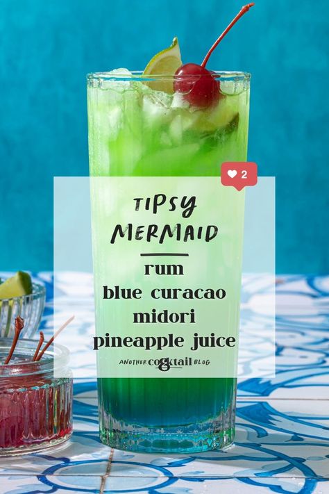 Ah, the tipsy mermaid - a beautiful, colorful drink featuring flavors of pineapple, melon liqueur and blue curaçao. This tropical rum cocktail is as fun to make as it is to drink. Garnish with a lime and cherry before serving. Melon Liqueur Cocktails, Tipsy Mermaid, Best Rum Cocktails, Drink Garnish, Mermaid Drink, Melon Liqueur, Good Rum, Gin Liqueur, Cocktail Umbrellas