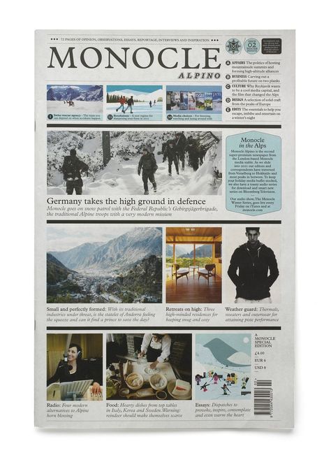 Monocle Alpino | Winkontent | Winkontent | D&AD Awards 2011 Pencil Winner | Entire Newspapers | D&AD Photo Essay Design, School Newsletter Ideas, Photo Essay Examples, Essay Layout, Newspaper Design Layout, Typeface Poster, Newspaper Layout, Tabloid Newspaper, Infographic Inspiration