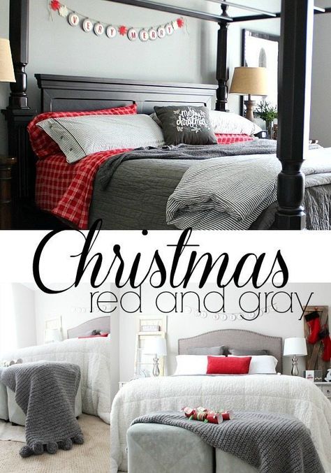 Plaid Ideas - Bedroom red and gray for Christmas Farmhouse Bedroom Bedding, Holiday Bedroom, Red Christmas Decor, Christmas Bedding, Red Bedding, Bedroom Red, Christmas Decorations Bedroom, Bedroom Decor Design, Christmas Bedroom