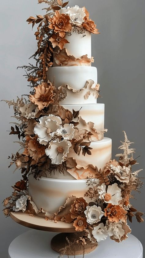 40+ Fall Wedding Ideas That Will Inspire You (Cake, Aisle, Table, Ceremony Decor, And More!) Fall Themed Wedding Food, Fall In Love Cake Topper, Harvest Wedding Cake, Wedding Cake Southern, Fall Cake Wedding, Wedding Cake Designs Fall, Autumn Cakes Ideas Fall, Wedding Cakes For Fall, Fall Theme Wedding Cake