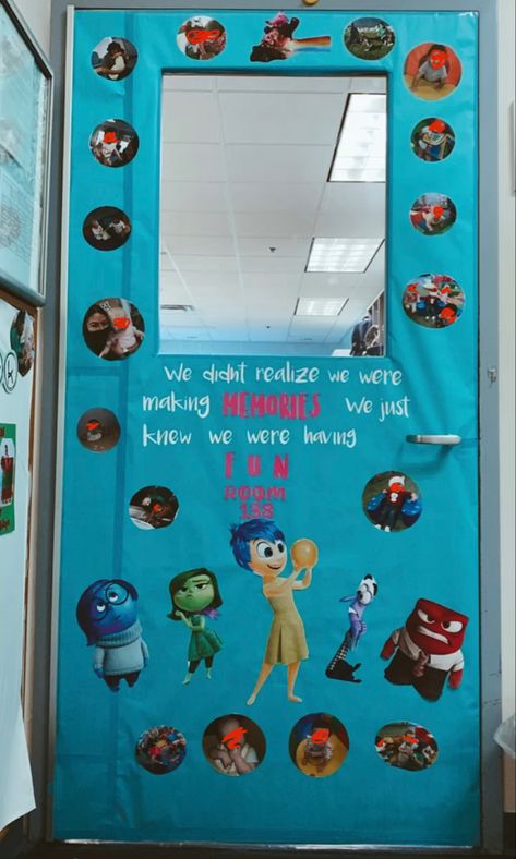 Classroom Door Inspo School Door Inside Out Daycare Door, Incredibles Door Decorations Classroom, Inside Out Classroom Door Decorations, Classroom Door Ideas Inside Out, Inside Out Door Theme, Inside Out Themed Classroom, Inside Out Classroom Door, Inside Out Bulletin Board Ideas, Inside Out Theme Classroom