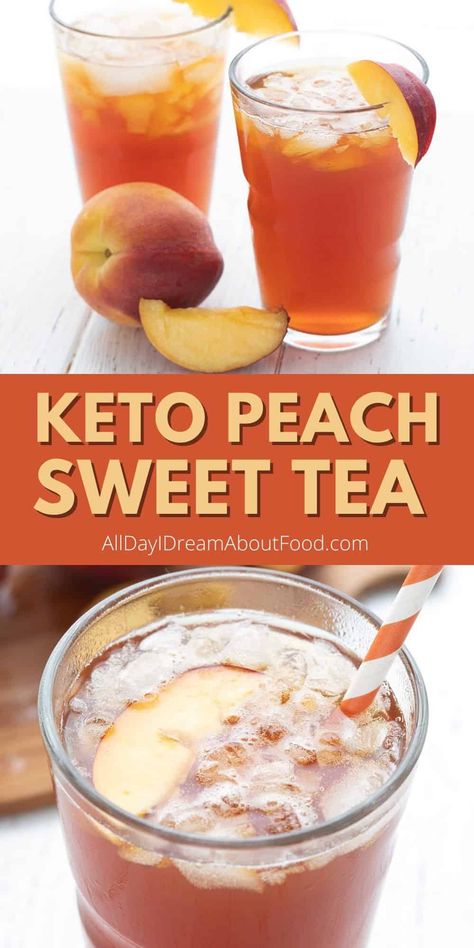 This keto sweet tea is flavored with fresh peaches for an insanely refreshing cold beverage. It's so easy to make, so delicious, and has no added sugar. Keto Sweet Tea, Keto Ice Tea Recipes, Keto Ice Tea, Keto Iced Tea, Keto Iced Tea Recipes, Keto Tea Recipes, Keto Beverages List, Sugar Free Tea Recipes, Keto Drinks Non Alcoholic