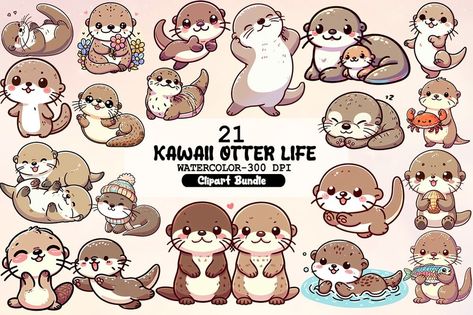 Free download with code: DIGI1S https://digi1s.com/downloads/kawaii-otter-life-clipart-bundle/ Kawaii Otter, Otter Cartoon, Otter Illustration, Otter Art, Magical Horses, River Otter, Birthday Clipart, Beauty Art Drawings, Cats Illustration