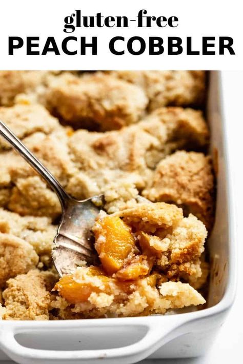 This gluten-free peach cobbler is healthier than your average cobbler and features an easy to make biscuit topping! #peach #cobbler #glutenfree Dairy Free Peach Cobbler, Healthy Peach Cobbler, Gluten Free Cobbler, Gluten Free Logo, Gluten Free Peach Cobbler, Easy Peach Cobbler, Easy Peach Cobbler Recipe, Frozen Peaches, Easy Gluten Free Desserts